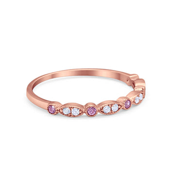 Half Eternity Wedding Band Rose Tone, Simulated Pink CZ 925 Sterling Silver